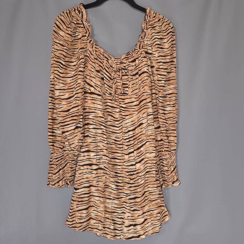 FAITHFULL‎ THE BRAND Womens Mini Dress 6 Boho Tiger Animal Print Smocked